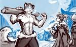 16:10 2018 5_fingers abs ambiguous_gender anthro blue_eyes brin_(twokinds) clothed clothing conditional_dnp english_text eyewear felid female female_explorer fingers flexing fluffy fluffy_tail fur glasses group hair hi_res holding_object human keidran larger_anthro larger_male loose_feather male mammal markings muscular muscular_male outside pantherine paper ponytail quill restricted_palette size_difference sketch smaller_female smaller_human smile snow snow_leopard spots spotted_body spotted_fur standing tail text tom_fischbach topless twokinds village widescreen winter writing_text
