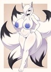 anthro big_breasts black_sclera blue_eyes breasts canid canine collar dipstick_tail female fox fur genitals hair hands_on_hips hi_res isha_aito mammal markings multi_tail nipple_dip nipples nude pussy solo tail tail_markings tailzkim white_body white_fur white_hair