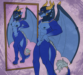 abs altered_reflection anthro balls breasts crossgender female foreskin genitals glans hair horn male mirror mirror_reflection navel nipples nude partially_retracted_foreskin penis reflection sad solo tail vulva wings kiri-anko mythology dragon mythological_creature mythological_scalie scalie digital_media_(artwork) hi_res trans_(lore)