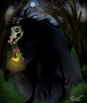 ambiguous_gender anthro bag bone claws cloud coin facial_markings female forehead_markings forest glowing glowing_eyes glowing_pupils gold_(metal) gold_coin head_markings herbs hooves horn hunched_over long_arms long_legs markings moon night plant runes shadow skull solo tree demondog_fuzz lletywr cysgwerin monster 2025 hi_res signature