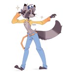 4_toes anthro belt black_claws bottomwear claws clothing crop_top denim denim_bottomwear denim_clothing exposed_tummy eyes_closed feet horn jeans male navel orange_belt pants plantigrade raccoon_tail shirt smile solo sparkles toe_claws toes topwear aoiyokai mammal procyonid raccoon hi_res