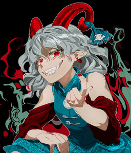 accessory beckoning blue_clothing blue_dress bovid_horn caprine_horn clothing colored_nails dress ear_piercing ear_ring female fingernails furgonomics gesture grey_hair grin hair horizontal_pupils horn horn_accessory horn_ribbon humanoid_pointy_ears looking_at_viewer nails piercing pointy_ears pupils red_eyes red_fingernails red_horn red_nails ribbons ring_piercing sharp_teeth smile solo teeth toothy_grin chamaruku touhou yuuma_toutetsu animal_humanoid bovid bovid_humanoid caprine caprine_humanoid horned_humanoid humanoid mammal mammal_humanoid 2024 hi_res