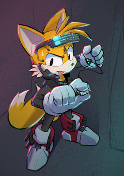 2_tails anthro clothing cybernetics footwear hair holding_object jacket machine male multi_tail science_fiction shoes simple_background solo standing tail tongue tongue_out topwear visor sat_v12 cd_projekt_red cyberpunk_2077 sega sonic_the_hedgehog_(series) miles_prower canid canine cyborg fox mammal 2021 digital_media_(artwork) hi_res