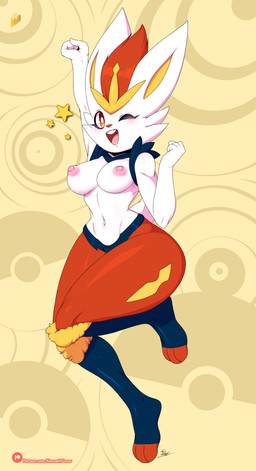 anthro areola blue_body blue_fur blush breasts cheek_tuft eyelashes facial_tuft feet female female_anthro front_view fur looking_at_viewer nipples one_eye_closed open_mouth open_smile orange_body orange_eyes orange_fur orange_nose pattern_background pink_areola pink_nipples raised_arm simple_background smile solo tan_background thick_thighs tuft white_body white_fur wide_hips wink winking_at_viewer hiliwd nintendo pokemon cinderace generation_8_pokemon pokemon_(species) absurd_res hi_res