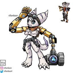 anthro belt blue_eyes crossed_arms eyelashes eyewear eyewear_on_head feet female fur goggles goggles_on_head head_tuft kerchief neckerchief neckwear solo striped_body striped_fur stripes tuft white_body villiamboom1 bandai_namco digimon ratchet_and_clank sony_corporation sony_interactive_entertainment rivet_(ratchet_and_clank) digimon_(species) hybrid lombax mammal 1:1 2026 absurd_res hi_res