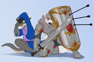 5_fingers anthro armor biped blue_background clothed clothing duo eyewear fingers glasses holding_melee_weapon holding_object holding_shield holding_sword holding_weapon male melee_weapon shield simple_background sitting sword weapon kittydee armiger_(bxrnstellar) noble_(nakasuji) canid canine canis domestic_dog lizard mammal nordic_sled_dog reptile samoyed scalie spitz 2021 dated digital_media_(artwork)