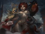 anthro big_breasts breasts clothed clothing female group hair male mostly_nude nude open_mouth red_hair skimpy smile teeth tongue juliathedragoncat felid feline mammal digital_media_(artwork) hi_res