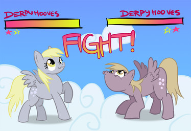 alternate_color cutie_mark derp_eyes detailed_background distracted duo feathered_wings feathers female feral gameplay_mechanics grey_body grey_feathers gui hair health_bar tail toony wings unknown_artist friendship_is_magic hasbro my_little_pony mythology derpy_hooves_(mlp) equid equine mammal mythological_creature mythological_equine pegasus