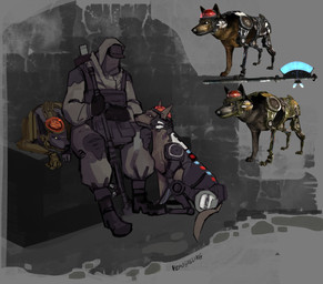 ambiguous_gender brain_dome clothed clothing cybernetics feral fully_clothed grey_background grey_clothing group holding_object machine new_vegas simple_background sitting trio weapon howgalling fallout microsoft roxy_(fallout) the_courier_(fallout) cyberdog_(fallout) cyborg human mammal english_description female_(lore)