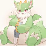 ambiguous_gender belly belly_squish big_belly big_ears biped blush cheek_tuft claws clothed clothing countershading cuddling cute_fangs duo emanata facial_tuft fangs feral fluffy fully_clothed fur green_body horn hug inner_ear_fluff kemono neck_tuft open_mouth patch_(fabric) patchwork plushie red_eyes seam_(sewing) sitting size_difference small_wings smile squish standing stitch_(sewing) tailbutt tan_body teeth thick_thighs tuft white_body white_fur wide_crotch wings yellow_claws yellow_horn erumeruta mythology anon noxe_(xennochan) animate_inanimate dragon furred_dragon furred_scalie human living_plushie mammal mythological_creature mythological_scalie scalie 2022 full-length_portrait hi_res japanese_description portrait translated_description