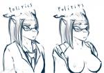 anthro blush breasts clothing eyewear female glasses horn humor nipples non-mammal_breasts pun uniform visual_pun haydn_malyon mythology yaff_(copyright) veronica_downing dragon mythological_creature mythological_scalie scalie hi_res