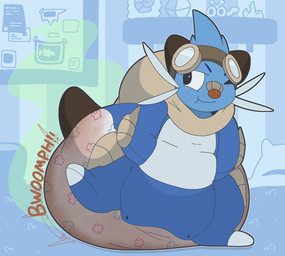 ambiguous_gender anthro band-aid band-aid_on_face band-aid_on_nose bandage bandage_on_face bandage_on_nose bedroom big_diaper blue_body blue_fur brown_ears brown_tail button_(fastener) carpet clothed clothing cork_board detailed_background diaper eyewear eyewear_on_head feces fur goggles goggles_on_head grey_whiskers hand_in_pocket head_tuft inside on_one_leg one_eye_closed onesie open_onesie orange_nose pillow pockets pokemon_onesie pooping shelf smile soiled_diaper soiling soiling_diaper solo sound_effects standing stink_fumes tail tuft unclean_diaper used_diaper using_diaper vowelless vowelless_sound_effect wardrobe_malfunction wavy_mouth wearing_diaper whiskers alliwazoo innocentenough nintendo pokemon aqua_(innocentenough) dewott generation_5_pokemon pokemon_(species) samurott full-length_portrait hi_res portrait