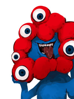 ambiguous_gender blue_body blue_eyes bodily_fluids fangs featureless_chest looking_at_viewer multi_eye naughty_face not_furry open_mouth open_smile pseudo_hair pseudo_mane saliva saliva_on_tongue saliva_string simple_background smile smiling_at_viewer solo teeth tongue tongue_out white_background hylran expo_2025_japan myaku-myaku eye_creature humanoid 2025 3:4 digital_drawing_(artwork) digital_media_(artwork) hi_res