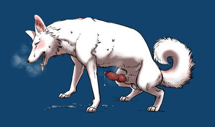 animal_genitalia animal_penis balls blue_eyes blush bodily_fluids canine_genitalia canine_penis censor_bar erection feral fur genital_fluids genitals ineffective_censorship knot male open_mouth penis precum rounded_back solo sweat tongue tongue_out white_body white_fur denmoko canid canine canis domestic_dog mammal censored hi_res