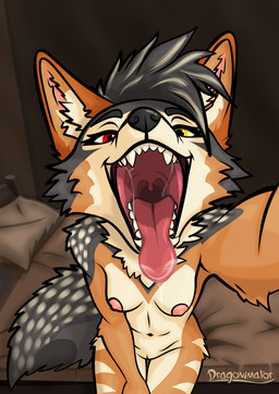 anthro bed bodily_fluids brown_body brown_fur dripping female female_pred first_person_view fur furniture grey_body grey_fur grey_hair hair high-angle_view imminent_vore mouth_shot nude nude_female on_bed open_mouth oral_vore prey_pov saliva saliva_drip saliva_on_tongue saliva_string sitting sitting_on_bed solo tan_body tan_fur teeth throat tongue tongue_out uvula vore dragonimator fhyra canid canine canis jackal mammal hi_res