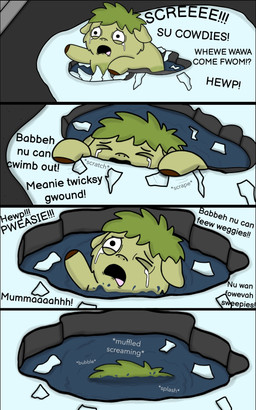 >_< ambiguous_feral ambiguous_gender asphyxiation baby_talk black_text bodily_fluids crying death dialogue drowning dying eyes_closed feral green_body green_hair green_tail hair helpless hooves ice narrowed_eyes partially_submerged quadruped sinking solo tail tears text young young_ambiguous young_feral roadkill_(fc) fluffy_pony fluffy_pony_(species) mammal 2026 5:8 absurd_res comic digital_media_(artwork) english_description english_text hi_res