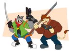 anthro bottomwear clothing duo grey_body hoodie humanoid_hands male pants shirt simple_background topwear weapon mezasalvador brok_the_investigator cowcat_games graff_filsh domestic_cat felid feline felis lion mammal pantherine 2023 alternate_version_at_source hi_res