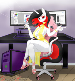 anthro breasts butt chair clothing computer dress electronics female furniture horn looking_at_viewer mature_female sitting solo diamondheart21 hasbro my_little_pony mythology paint_tool_sai_(copyright) youtube missheart equid equine mammal mythological_creature mythological_equine unicorn 2020 hi_res