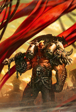 armor axe belt bone bone_necklace bottomwear building chain clothing facial_piercing fist holding_axe holding_object humanoid_pointy_ears jewelry male muscular muscular_male necklace nose_piercing nose_ring not_furry outside pants pauldron piercing pointy_ears red_body ring_piercing solo tower wei_wang blizzard_entertainment warcraft garrosh_hellscream humanoid orc 2010 hi_res official_art