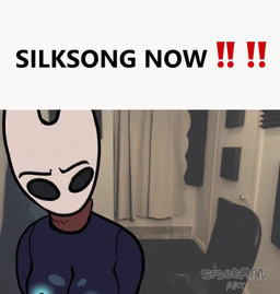 areola black_body black_eyes black_text blue_areola breasts chair clothing curtains door exclamation_point eyebrows female fingers furniture nipples solo text torn_clothing spicemanart hollow_knight:_silksong hollow_knight_(franchise) jerma985 team_cherry hornet_(hollow_knight) arthropod humanoid 2025 animated artist_name english_text meme no_sound rotoscoping short_playtime video