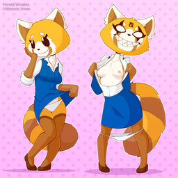 anthro areola big_tail black_markings black_nose blue_bottomwear blue_clothing blue_skirt blue_topwear bottomwear breasts brown_body brown_clothing brown_footwear brown_fur brown_inner_ear brown_shoes camel_toe clothed clothed_anthro clothed_female clothing clothing_lift empty_eyes exposed_breasts eye_markings eyebrows facial_markings female female_anthro flashing footwear forehead_markings fully_clothed fully_clothed_anthro fully_clothed_female fur hand_on_face head_markings markings nipples no_bra open_clothing open_topwear panties panties_down partially_clothed pattern_background pink_areola pink_background pink_nipples sharp_teeth shoes simple_background skirt skirt_lift small_breasts solo striped_markings striped_tail stripes tail tail_markings tear_(marking) teasing teeth text text_markings topless topwear underwear underwear_down white_body white_clothing white_ears white_eyebrows white_fur white_panties white_underwear whygena aggretsuko sanrio retsuko ailurid mammal red_panda 1:1 digital_media_(artwork) hi_res