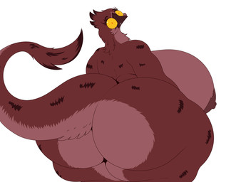anthro big_breasts big_butt big_eyes breasts butt curvy_figure feathers female huge_breasts huge_butt hyper hyper_breasts hyper_butt nipples obese overweight rear_view sharp_teeth silly silly_face smile solo tail teeth thick_tail thick_thighs wide_hips mirroidal avian bird dinosaur feathered_dinosaur feathered_scalie hybrid lizard potoo prehistoric_species reptile scalie hi_res