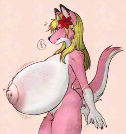 anthro big_breasts breasts ear_piercing female genitals huge_breasts hyper hyper_breasts hyper_genitalia nipple_piercing nipples nude nude_anthro nude_female piercing presenting presenting_breasts presenting_vulva solo vulva miphassl roketchu canid canine canis hybrid mammal wolf