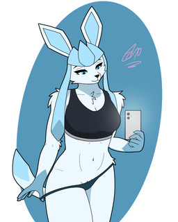 anthro blue_body blue_fur blue_hair blush bra breasts clothing clothing_pull curvy_figure electronics female fur genitals hair medium_breasts navel panties phone pussy_peek simple_background solo sports_bra sportswear standing taking_picture teasing teasing_viewer topwear tuft underwear vulva echotastrophe nintendo pokemon eeveelution generation_4_pokemon glaceon mammal pokemon_(species) absurd_res cel_shading hi_res shaded signature simple_shading