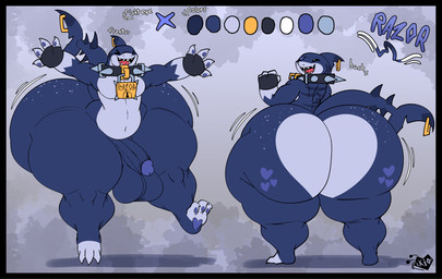 anthro balls big_balls big_butt big_penis blue_body bottom_heavy butt collar freckled_butt freckles genitals huge_balls huge_butt huge_hips huge_penis huge_thighs hyper hyper_balls hyper_butt hyper_genitalia hyper_hips hyper_thighs male motion_lines multicolored_body nude_anthro nude_male penis piercing scar shark_tail spiked_collar spikes thick_thighs wide_hips k1o_gl1x aquatic fish land_shark_(species) shark hi_res model_sheet