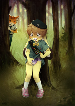 anthro clothing diaper duo female footwear forest forest_background fur green_eyes male male/female masturbation nature nature_background park_ranger plant scout_uniform shoes sneakers tree yellow_body yellow_fur young niichan cherish_heart domestic_cat felid feline felis lagomorph leporid mammal rabbit absurd_res hi_res