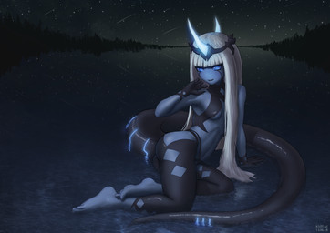 blue_body blue_skin blush breasts butt featureless_breasts female glowing glowing_eyes glowing_horn hair horn long_tail looking_at_viewer night not_furry nude open_mouth outside pose sky smile solo star tail two_tone_tail water klifflod darling_in_the_franxx studio_trigger klaxosaur_princess humanoid 2018 absurd_res digital_media_(artwork) hi_res signature
