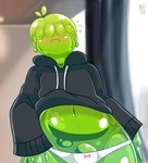 ambiguous_gender belly black_clothing black_hoodie black_topwear blush clothing covered_eyes cowlick femboy frown glistening glistening_body goo_hair green_body green_hair green_skin hair hair_over_eyes hoodie male not_furry pseudo_hair shy slightly_chubby slime solo topwear underwear v-line wide_hips unknown_artist goo_creature humanoid hi_res