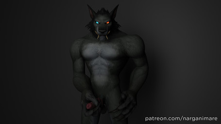 anthro black_background blue_eyes claws dark fur genitals glowing glowing_eyes grey_body grey_fur heterochromia holding_penis looking_at_viewer male orange_eyes penis red_penis simple_background solo teeth text threatening narganimare blizzard_entertainment patreon warcraft canid mammal werecanid werecreature worgen 16:9 3d_(artwork) blender_(artwork) digital_media_(artwork) hi_res url widescreen