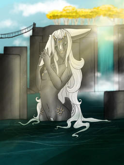 anthro aspen_tree bathing big_ears bridge detailed_background femboy green_eyes hair holding_ear horn long_hair looking_at_viewer male partially_submerged plant scales short_tail slim solo tail tree water waterfall white_hair frostedscales nintendo tears_of_the_kingdom the_legend_of_zelda rauru_(tears_of_the_kingdom) zonai 3:4 hi_res