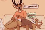 anthro anthro_on_anthro antlers ball_fondling balls biped bottomless bottomless_male brown_body brown_fur casual_erection casual_exposure clothed clothing countershade_torso countershading dialogue duo ear_twitch erection flaccid fondling foreskin fur furniture genitals hand_on_penis horn humanoid_genitalia humanoid_penis interspecies lying male male/male male_anthro on_back on_sofa palming partially_retracted_foreskin penis realistic_penis_size smile social_nudity sofa tan_body tan_fur text touching_penis white_balls white_body white_fur white_inner_ear lawyerdog cantio_(lawyerdog) panko_(lawyerdog) canid canine canis coyote deer mammal 2023 digital_media_(artwork) english_text url