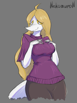 anthro big_breasts blonde_hair bottomwear breasts clothed clothed_anthro clothed_female clothing female fingers freckled_face freckled_tail freckles front_view grey_background grey_bottomwear grey_clothing grey_pants hair humanoid_hands long_hair looking_aside mature_anthro mature_female non-mammal_breasts pants purple_clothing purple_shirt purple_topwear shirt shy simple_background smile solo sweater tail text topwear turtleneck white_eyes yellow_sclera nekomuro cavemanon_studios snoot_game fan_character tarja_(snoot_game) dinosaur prehistoric_species reptile saurischian scalie theropod troodon troodontid 3:4 absurd_res artist_name colored hi_res portrait shaded three-quarter_portrait