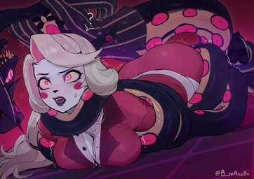 anthro apode big_breasts big_butt black_body black_clothing black_lips black_nose black_suit blonde_hair blush blush_stickers bodily_fluids bow_tie breasts butt cleavage clothed clothing coiling coiling_around_body coiling_around_neck dominant dominant_male duo eye_contact eyelashes female female_focus footwear hair hat headgear headwear high_heels horn horn_shrinking hypnosis hypnotic_eyes legless lips long_hair looking_at_another lying makeup male male/female mascara mind_control motion_lines multicolored_body on_front open_mouth pinstripe_suit question_mark red_clothing red_suit restrained_arms restrained_feet restrained_legs ringed_eyes serpentine sharp_teeth shirt shoes spiral submissive submissive_female suit sweat teeth top_hat topwear two_tone_body unbuttoned_shirt white_body white_skin yellow_body yellow_sclera b_m4ns0n hazbin_hotel hellaverse charlie_morningstar sir_pentious_(hazbin_hotel) demon demon_humanoid draconcopode horned_humanoid humanoid naga reptile scalie snake 2025 alternate_version_at_paywall hi_res