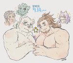 anthro biceps blush brown_hair cigarette duo eyewear fur glasses hair male male/male muscular muscular_anthro muscular_male nipples pecs pecs_touching shirtless simple_background smoking text white_body white_fur igarashi_ta lifewonders tokyo_afterschool_summoners boogeyman_(tas) cipactli_(tas) hekate_(tas) leib_(tas) macroich_(tas) bear human mammal polar_bear scalie ursine hi_res japanese_text