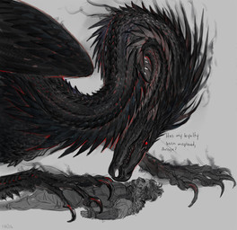 ambiguous_gender armor beard black_body black_feathers claws dialogue duo facial_hair feathered_wings feathers feral finger_claws hair larger_feral long_neck looking_at_another lying male on_back pinned pinned_to_ground red_eyes short_hair size_difference smaller_human smoke snout text wings nukerooster capcom dragon's_dogma mythology kraus_(nukerooster) liam_(nukerooster) dragon feathered_dragon feathered_scalie human mammal mythological_creature mythological_scalie scalie 2025 english_text partially_colored signature