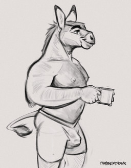 anthro areola balls_outline bulge clothed clothing container cup detailed_bulge fur genital_outline holding_container holding_cup holding_object male navel nipples pecs penis_outline simple_background smile solo standing tail topless topless_anthro topless_male underwear underwear_only timberdonk asinus donkey equid equine mammal digital_media_(artwork) hi_res monochrome sketch
