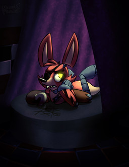 anthro checkered checkered_floor dark eye_patch eyewear glowing glowing_eyes hook machine male solo yellow_eyes zxz328 five_nights_at_freddy's scottgames foxy_(fnaf) animatronic canid canine fox mammal robot absurd_res hi_res