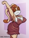 anthro big_breasts breasts brown_hair cleavage clothed clothing eyes_closed female floppy_ears hair long_ears mature_female nightgown nipple_outline short_hair smile solo standing stretching text skinnbox sega sonic_the_hedgehog_(series) vanilla_the_rabbit lagomorph leporid mammal rabbit 2022 absurd_res artist_name hi_res