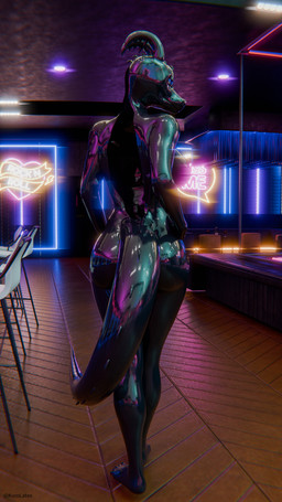 anthro breasts butt clothing dildo female latex latex_clothing latex_skinsuit liquid_latex looking_at_viewer looking_back neon_lights sex_toy skinsuit solo strip_club tight_clothing kurolatex mythology stella_(kurolatex) dragon livingsuit mythological_creature mythological_scalie scalie 3d_(artwork) 4k 9:16 absurd_res digital_media_(artwork) hi_res