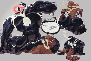 5_fingers abs anal anal_penetration anthro anthro_penetrating anthro_penetrating_humanoid athletic athletic_anthro athletic_male balls big_butt big_muscles big_pecs black_body black_claws bodily_fluids brown_body brown_fur brown_hair butt claws cowgirl_position dialogue duo erection facesitting fingers from_front_position fur genital_fluids genitals grey_background hair humanoid_genitalia humanoid_on_anthro humanoid_penetrated humanoid_penis interspecies larger_penetrated leaking_precum long_tongue male male/male male_penetrated male_penetrating male_penetrating_male mohawk muscular muscular_humanoid muscular_male navel nipples nude_anthro nude_male on_bottom on_top open_mouth pecs penetration penile penile_penetration penis pink_nipples precum red_eyes sex sharp_teeth simple_background sitting_on_another size_difference sleeping small_top_big_bottom sound_effects speech_bubble teeth text tongue vein veiny_penis vowelless vowelless_sound_effect whiskers zzz masedumpy guardians_of_the_galaxy marvel marvel_rivals rocket_raccoon venom_(marvel) alien alien_humanoid humanoid mammal procyonid raccoon symbiote 2026 english_description english_text hi_res