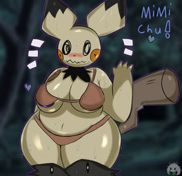anthro anthrofied areola areola_slip big_breasts bikini biped blush bodily_fluids breasts clothing ear_markings female female_anthro fur fusion gesture heart_symbol huge_breasts motion_lines orange_cheeks pokemon_fusion pokemorph purple_areola shy slightly_chubby smile solo sweat swimwear tail tan_body tan_fur text two-piece_swimsuit waving miyang_draws! nintendo pokemon mimichu_(miyang_draws!) generation_2_pokemon generation_7_pokemon ghost mimikyu pichu pokemon_(species) spirit absurd_res hi_res