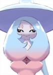 anus female flat_chested generation_8_pokemon genitals grey_body grey_skin hatterene hi_res nintendo nipples not_furry pokemon pokemon_(species) presenting presenting_pussy pussy simple_background smile solo try-trial white_background