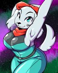 anthro athletic athletic_female belt big_breasts blue_eyes bow_ribbon breasts curvy_figure electronics female flight_suit fur headgear headphones headset looking_at_viewer nebula scarf side_boob solo space star white_body white_fur anaugi nintendo star_fox fay_(star_fox) bird_dog canid canine canis domestic_dog hunting_dog mammal spaniel 2024 hi_res