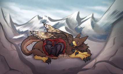 anthro duo endosoma feathered_wings feathers feral inside_stomach internal internal_stomach mountain safe_vore soft_vore vore wings makar-ro mythology avian gryphon kobold mythological_avian mythological_creature scalie absurd_res hi_res
