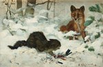 1881 19th_century ambiguous_gender ancient_art avian bird blood bodily_fluids brown_body brown_fur bruno_liljefors canid canine detailed_background domestic_cat duo feathers felid feline felis feral fox fur hi_res looking_at_another mammal nude oil_painting_(artwork) outside painting_(artwork) plant public_domain quadruped red_fox signature snow text traditional_media_(artwork) tree true_fox winter