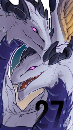 2_heads ambiguous_gender black_horn blue_body blue_countershading countershading empty_eyes feral fur glowing glowing_eyes horn multi_head open_mouth purple_eyes reverse_countershading sharp_teeth smile snout teeth white_body white_fur zyria doratama mythology illusia_(doratama) dragon mythological_creature mythological_scalie ouroboros_(doratama) scalie 9:16 hi_res
